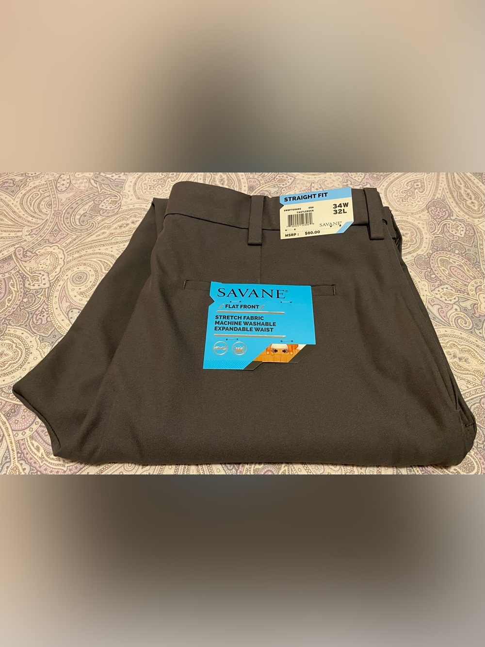 Savane Straight Fit Flat Front Dress Pants Size 34x32 Men’s New With Tags
